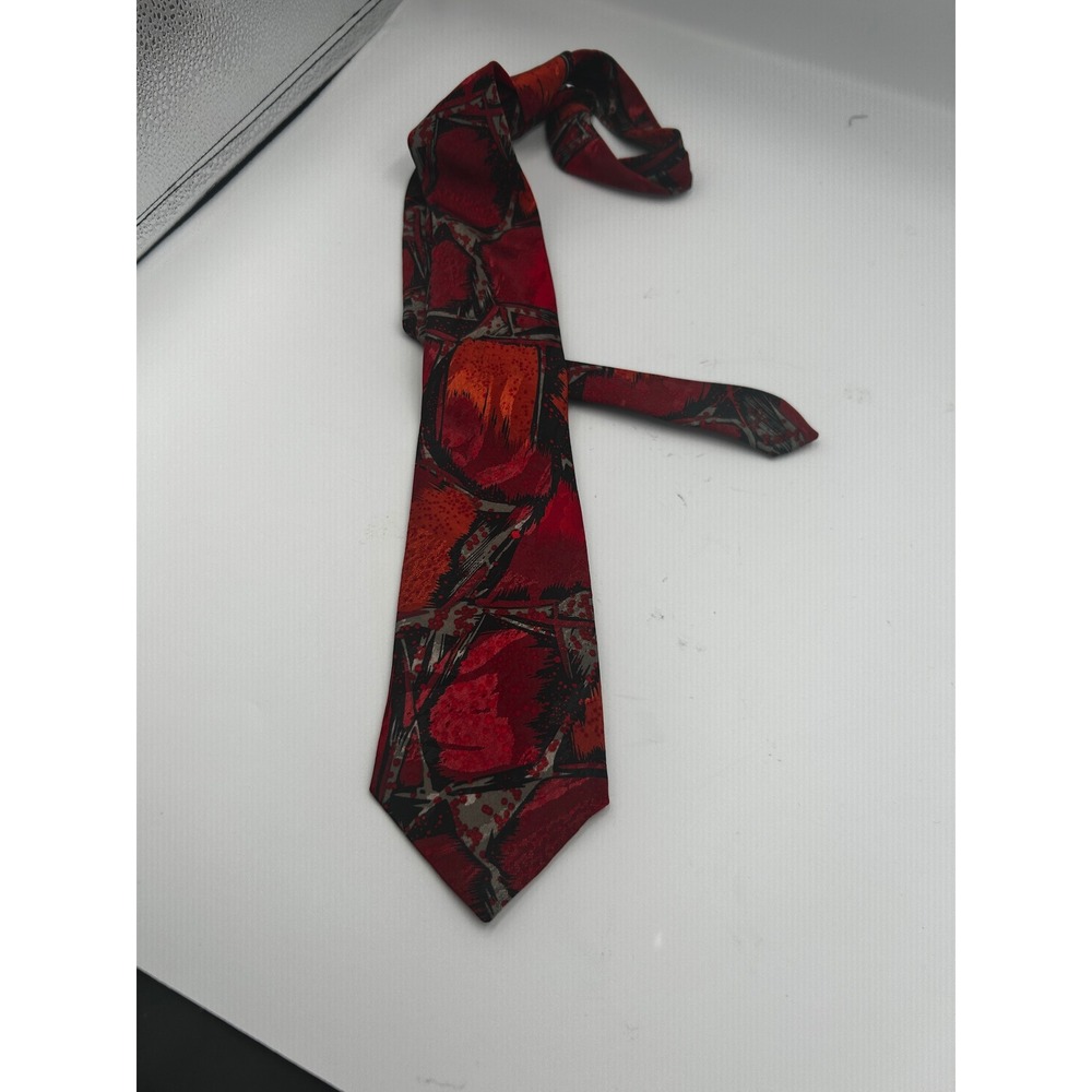 Vintage Firenze Italy Mens Silk Tie Red Orange Grey Abstract Geometric Pattern